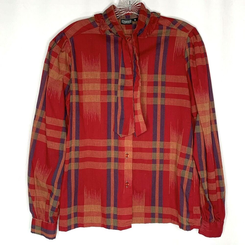 Vintage Cheenos Womens Blouse Shirt Size Medium Red Plaid Neck Bow Button Up